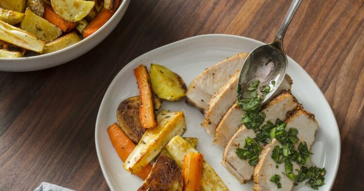Recipe Swap: Thick pork chops, roasted vegetables make a weekend-worthy meal on a weeknight | Dining
