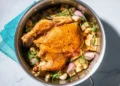 A one-pot roast chicken recipe with bread and drippings